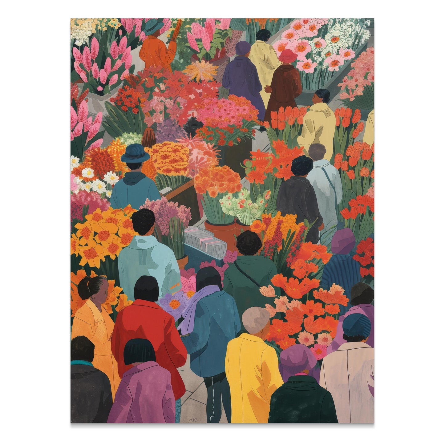 Premium Poster of Colorful Market Flowers and People Illustration Posters