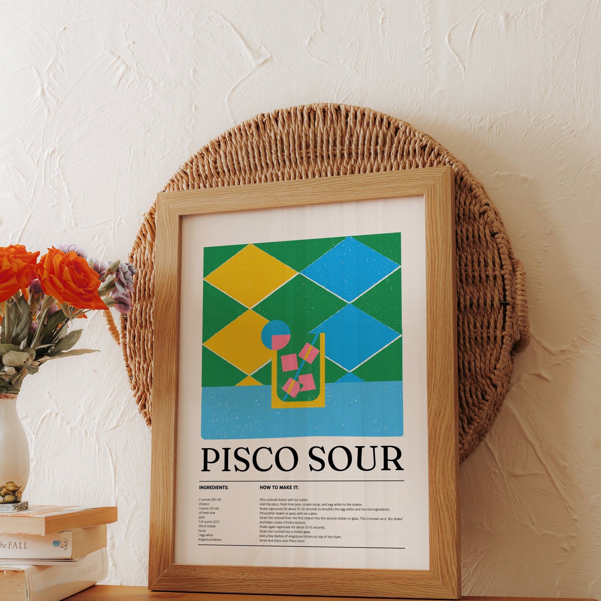 Premium Poster of Colorful Pisco Sour Recipe with Ice Cubes Posters