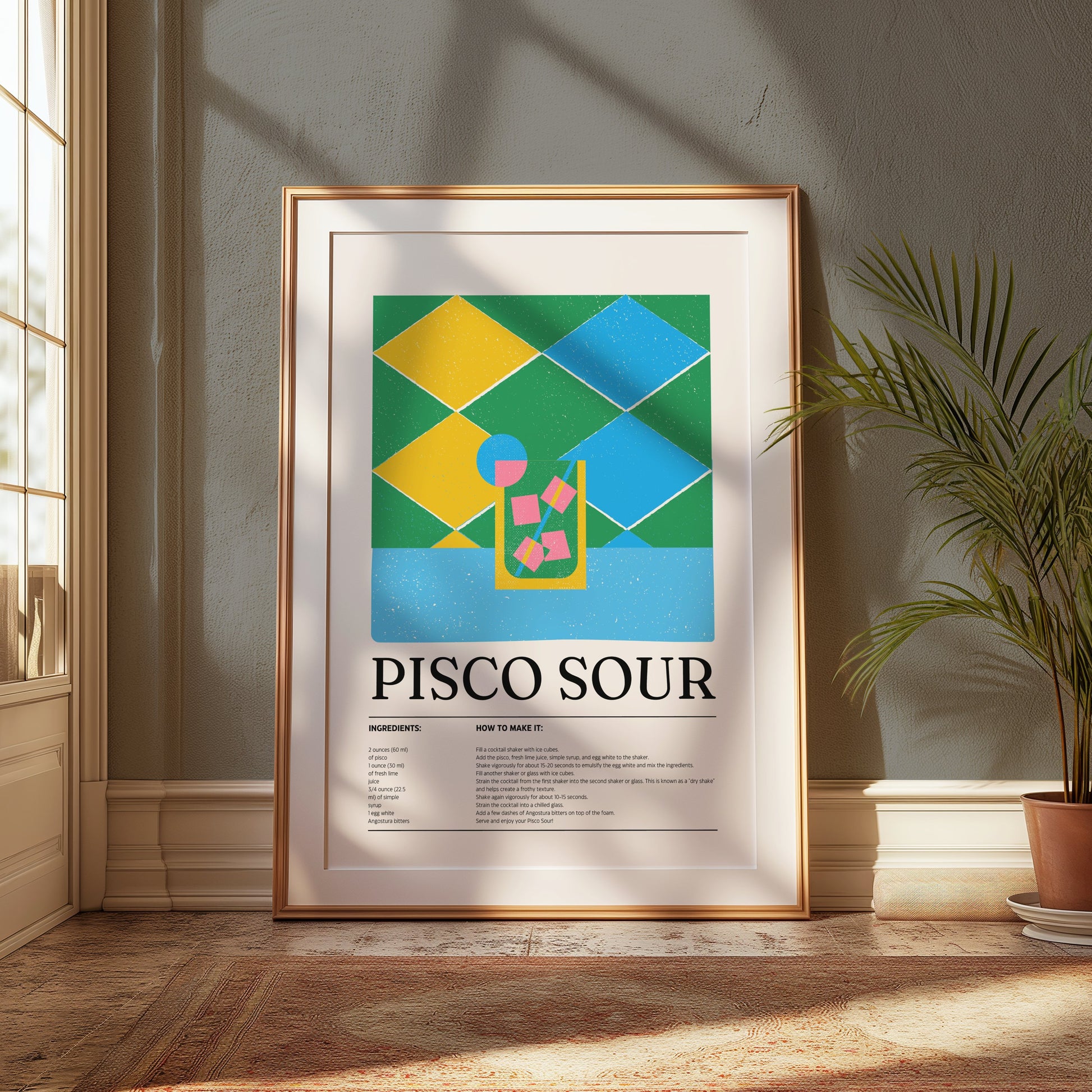 Premium Poster of Colorful Pisco Sour Recipe with Ice Cubes Posters