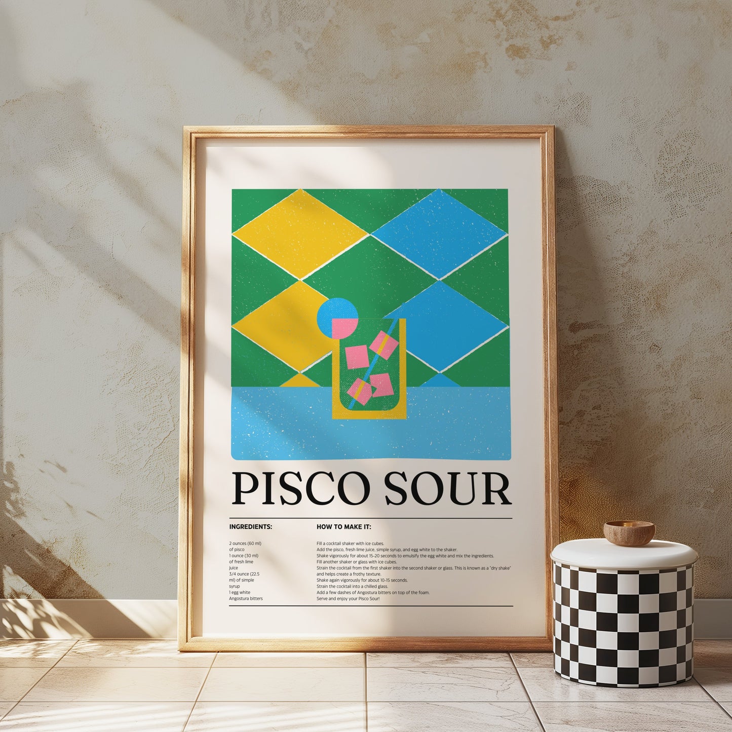 Premium Poster of Colorful Pisco Sour Recipe with Ice Cubes Posters