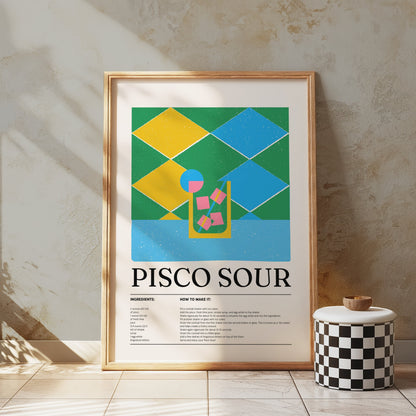 Premium Poster of Colorful Pisco Sour Recipe with Ice Cubes Posters