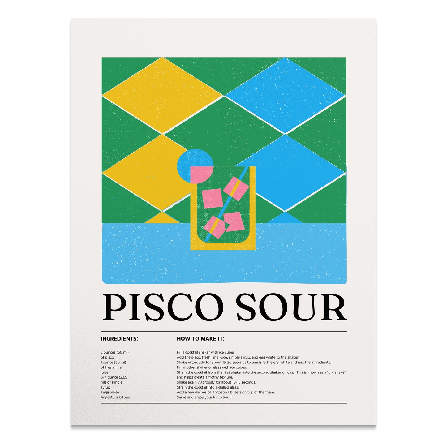 Premium Poster of Colorful Pisco Sour Recipe with Ice Cubes Posters