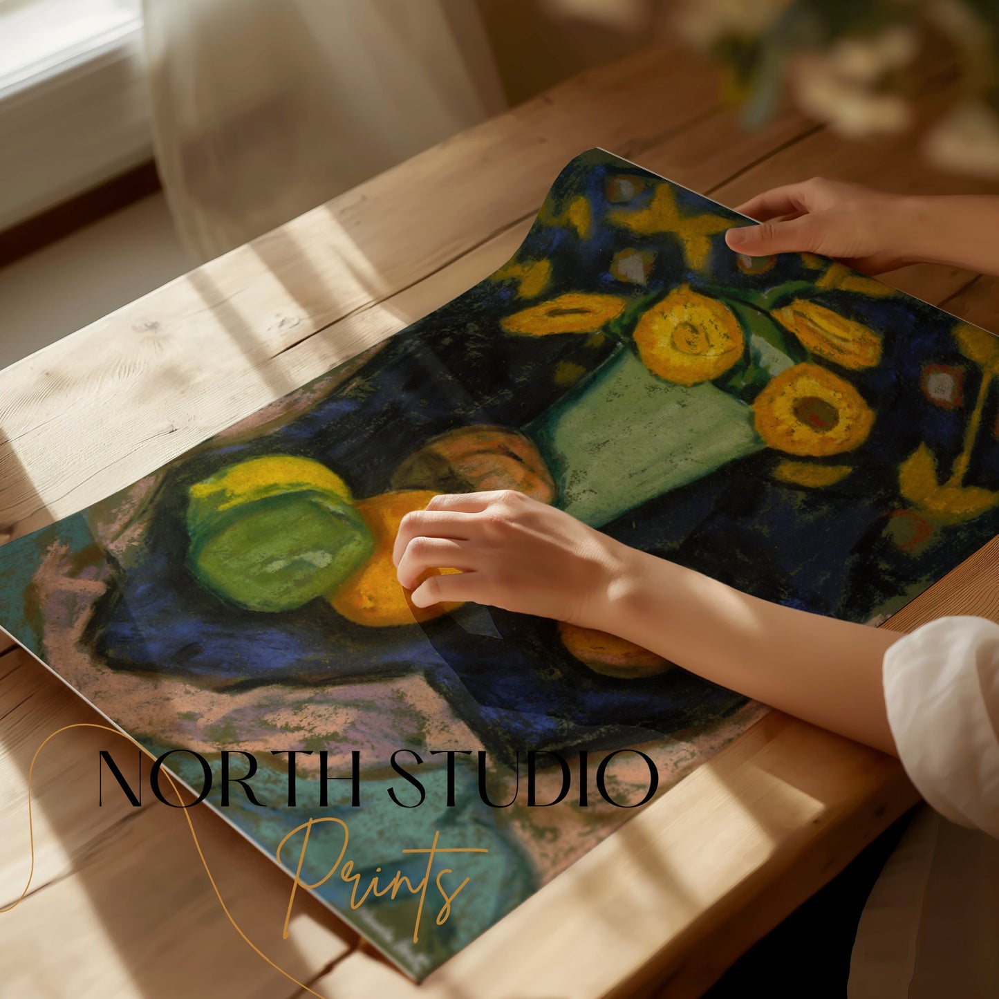 Premium Poster of Colorful Still Life with Sunflowers and Fruit Posters