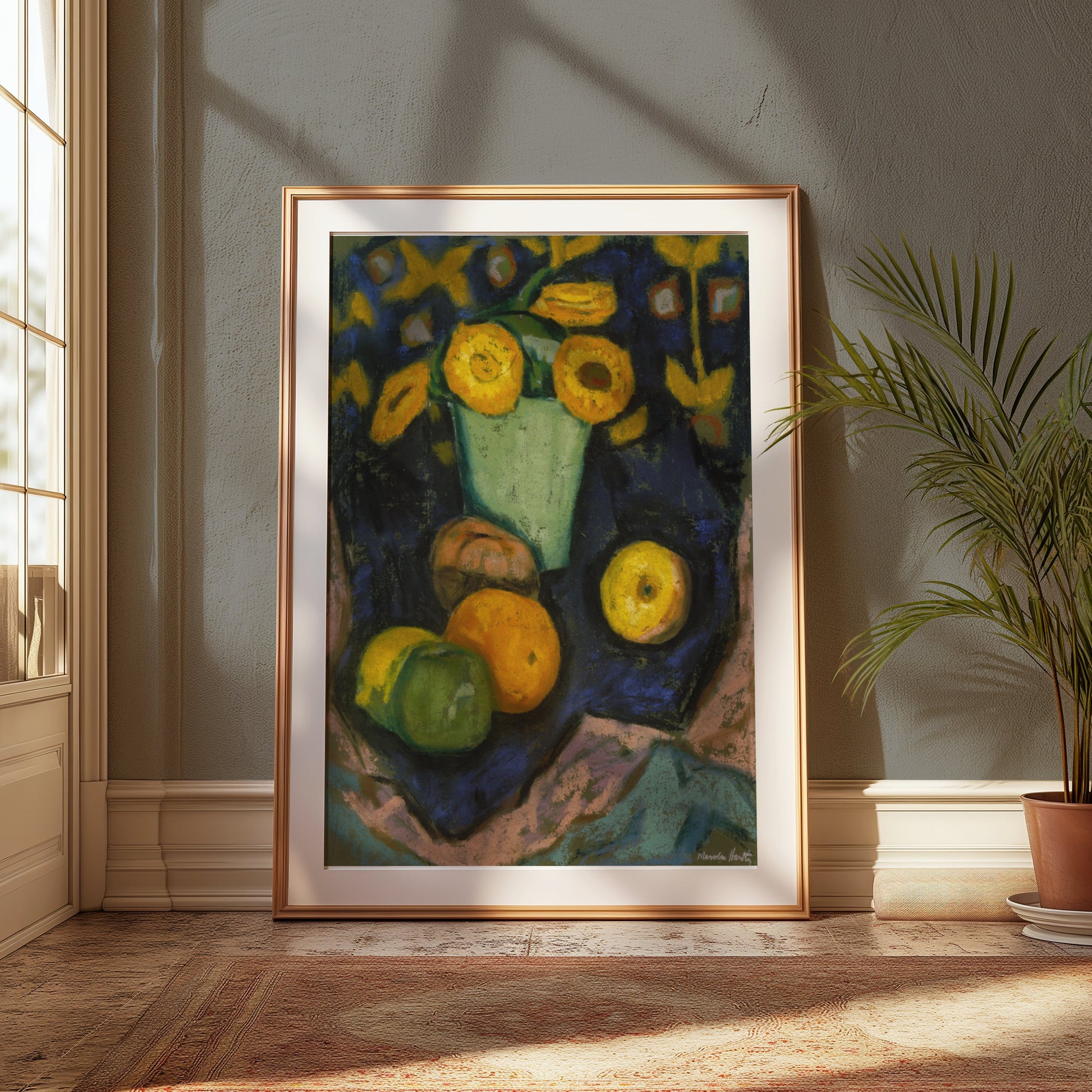 Premium Poster of Colorful Still Life with Sunflowers and Fruit Posters