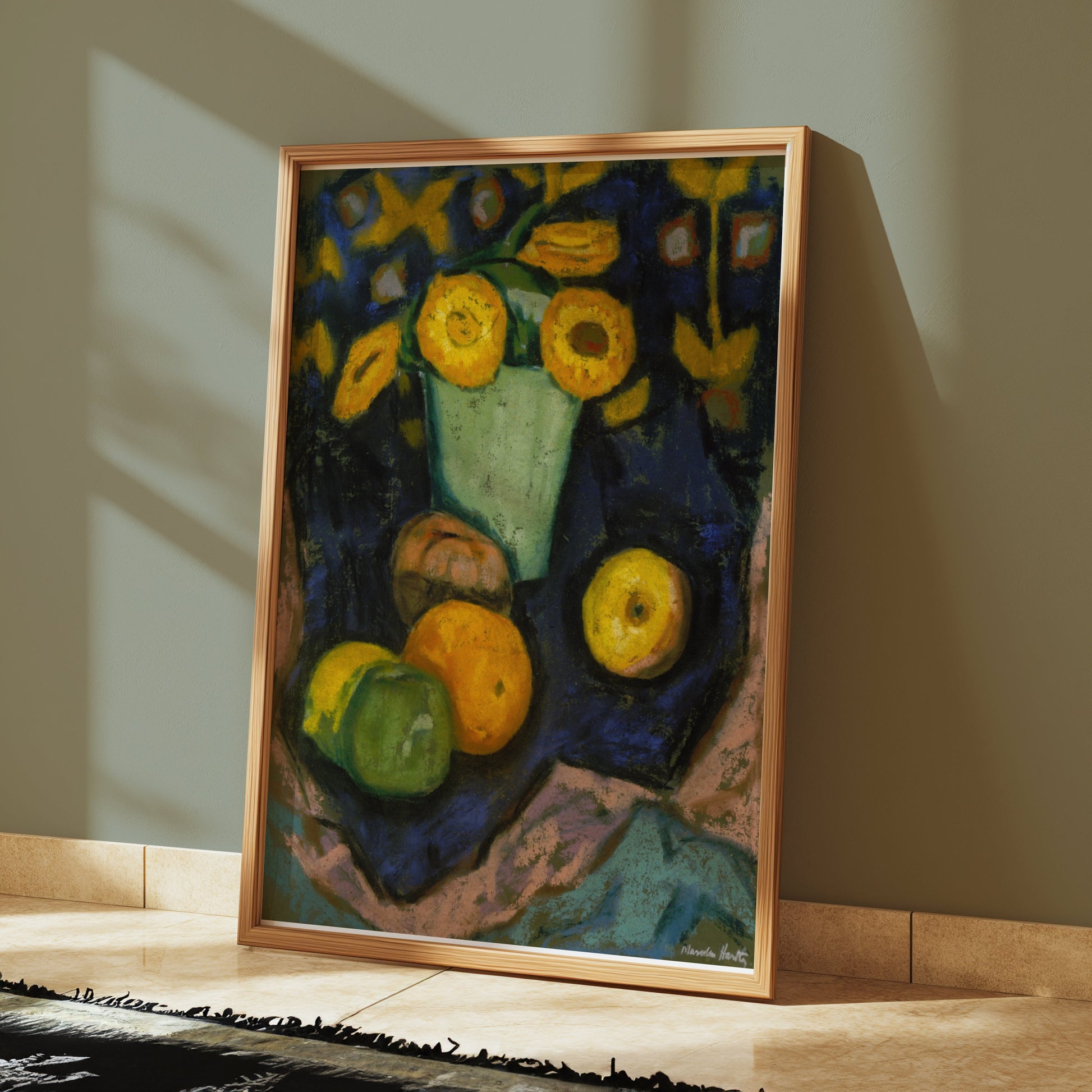 Premium Poster of Colorful Still Life with Sunflowers and Fruit Posters