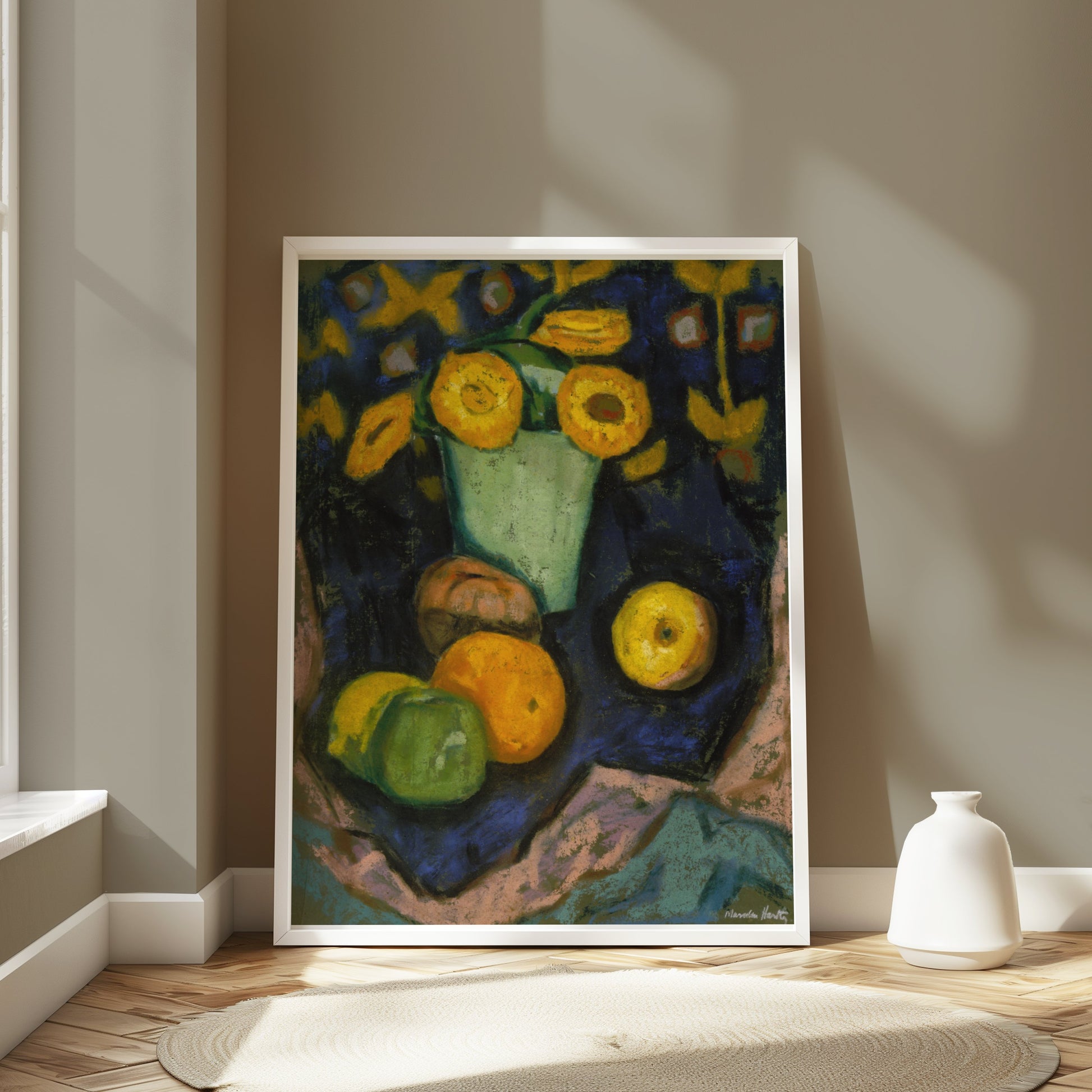Premium Poster of Colorful Still Life with Sunflowers and Fruit Posters