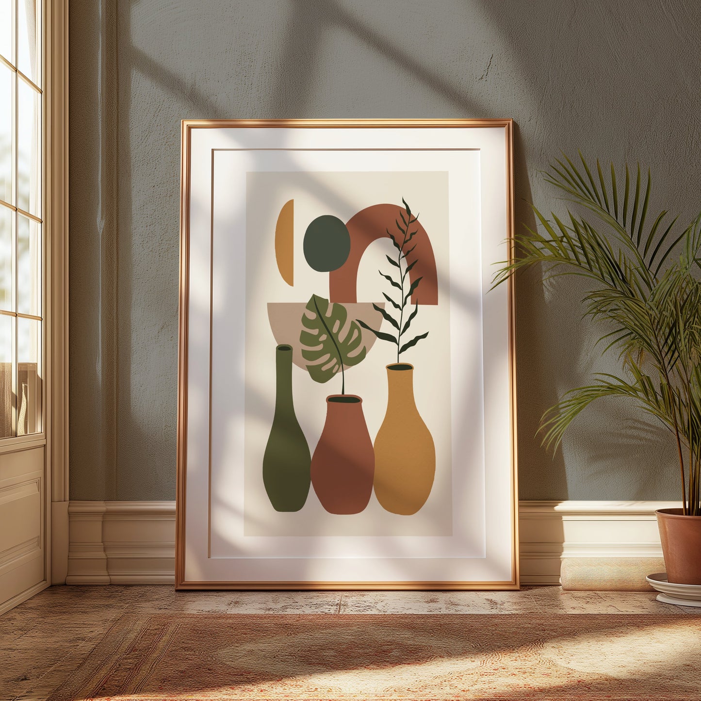 Premium Poster of Contemporary Geometric Art with Vases and Leaves Posters