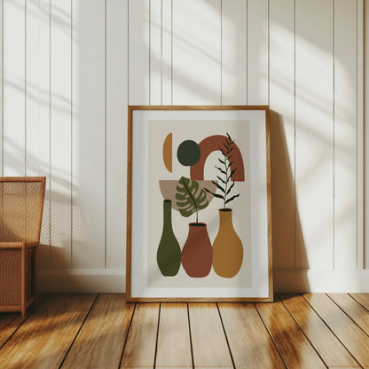 Premium Poster of Contemporary Geometric Art with Vases and Leaves Posters