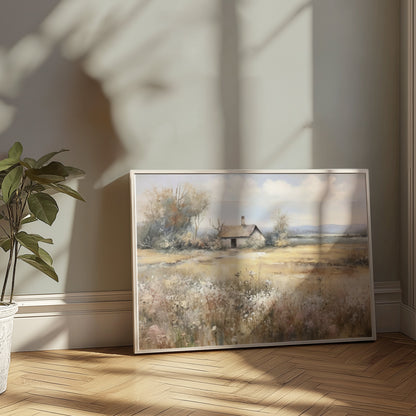 Premium Poster of Country Meadow Cottage Landscape Art Print Posters
