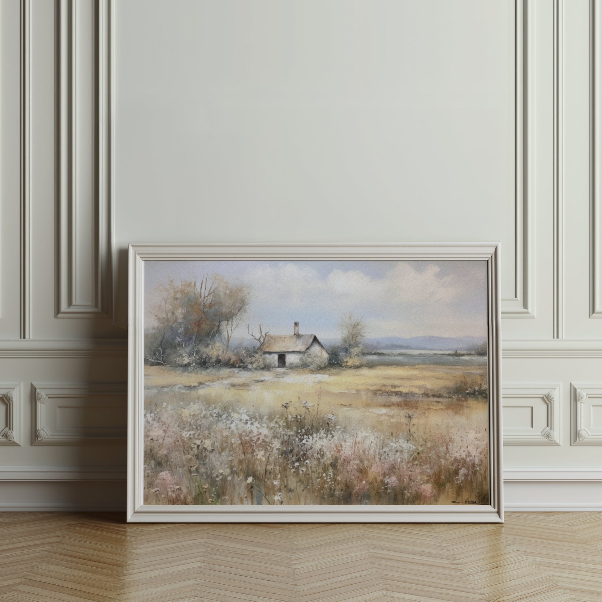 Premium Poster of Country Meadow Cottage Landscape Art Print Posters