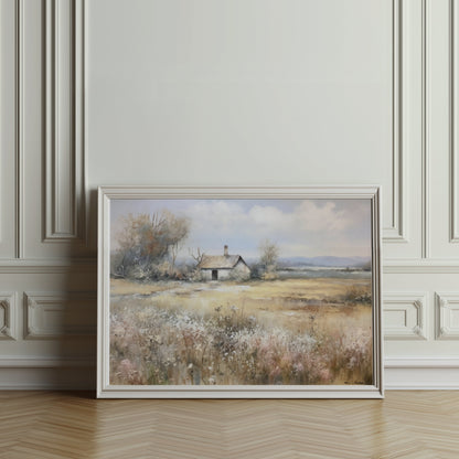 Premium Poster of Country Meadow Cottage Landscape Art Print Posters