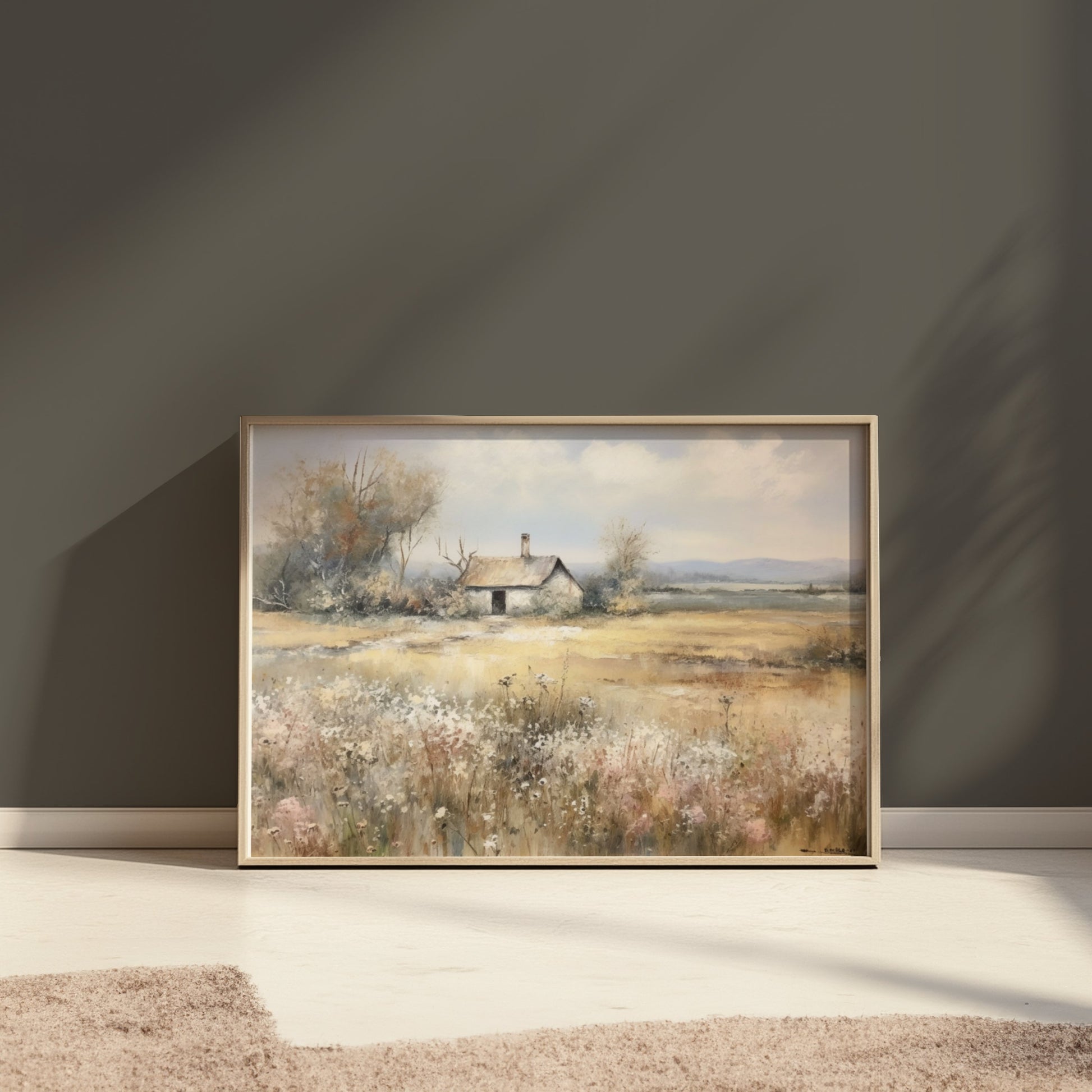 Premium Poster of Country Meadow Cottage Landscape Art Print Posters