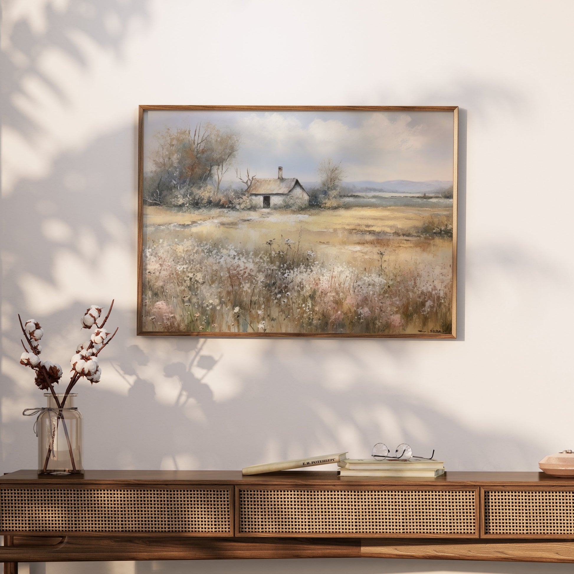 Premium Poster of Country Meadow Cottage Landscape Art Print Posters