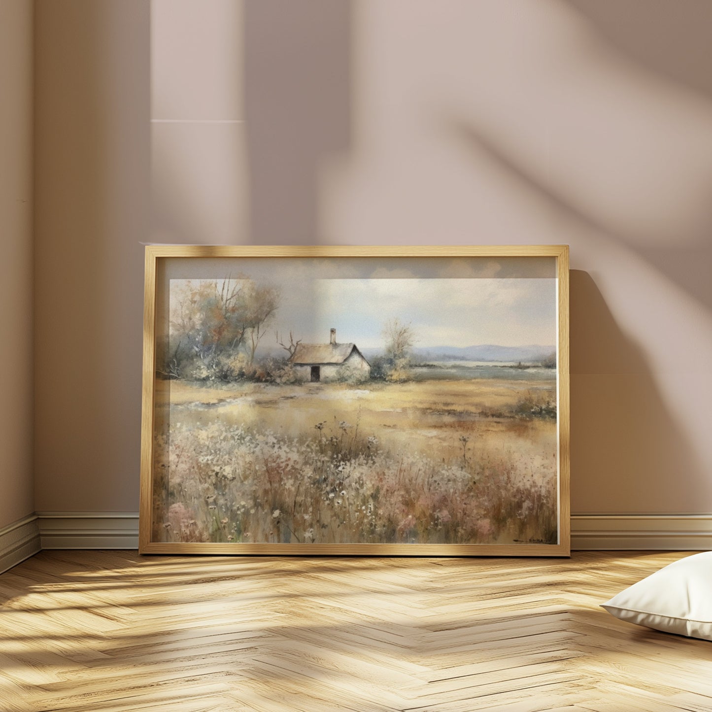 Premium Poster of Country Meadow Cottage Landscape Art Print Posters