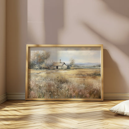 Premium Poster of Country Meadow Cottage Landscape Art Print Posters