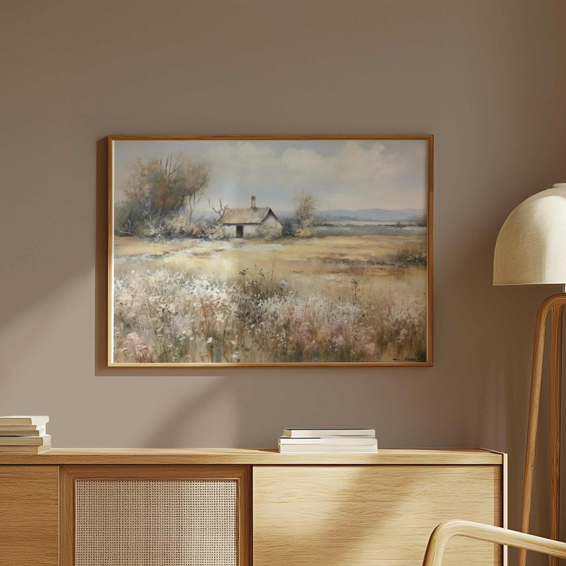 Premium Poster of Country Meadow Cottage Landscape Art Print Posters
