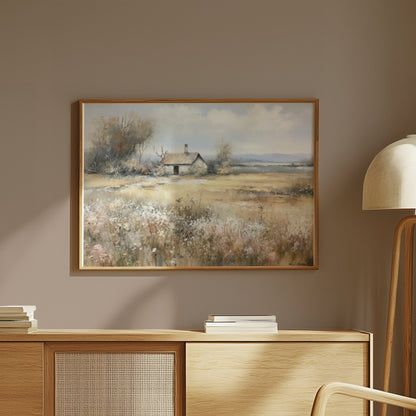Premium Poster of Country Meadow Cottage Landscape Art Print Posters