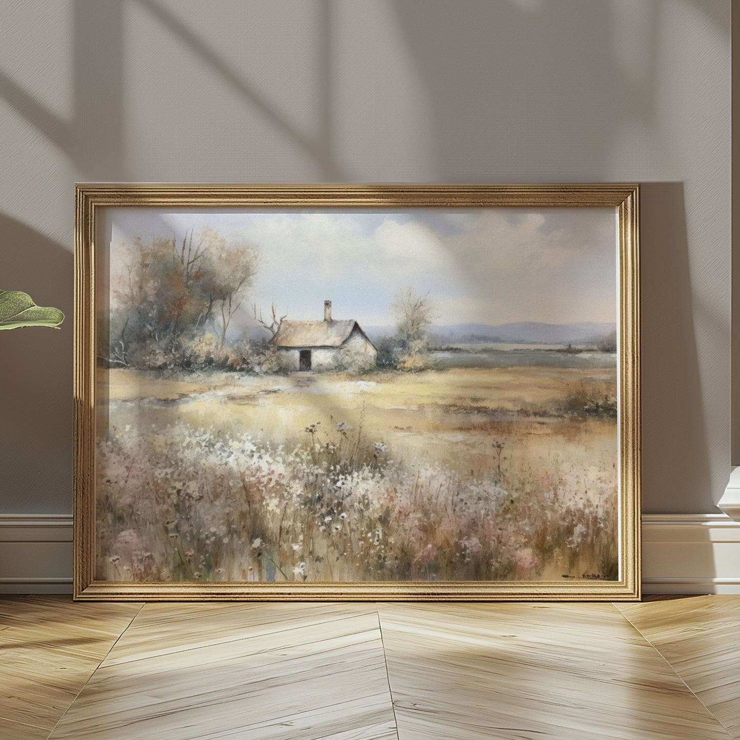 Premium Poster of Country Meadow Cottage Landscape Art Print Posters