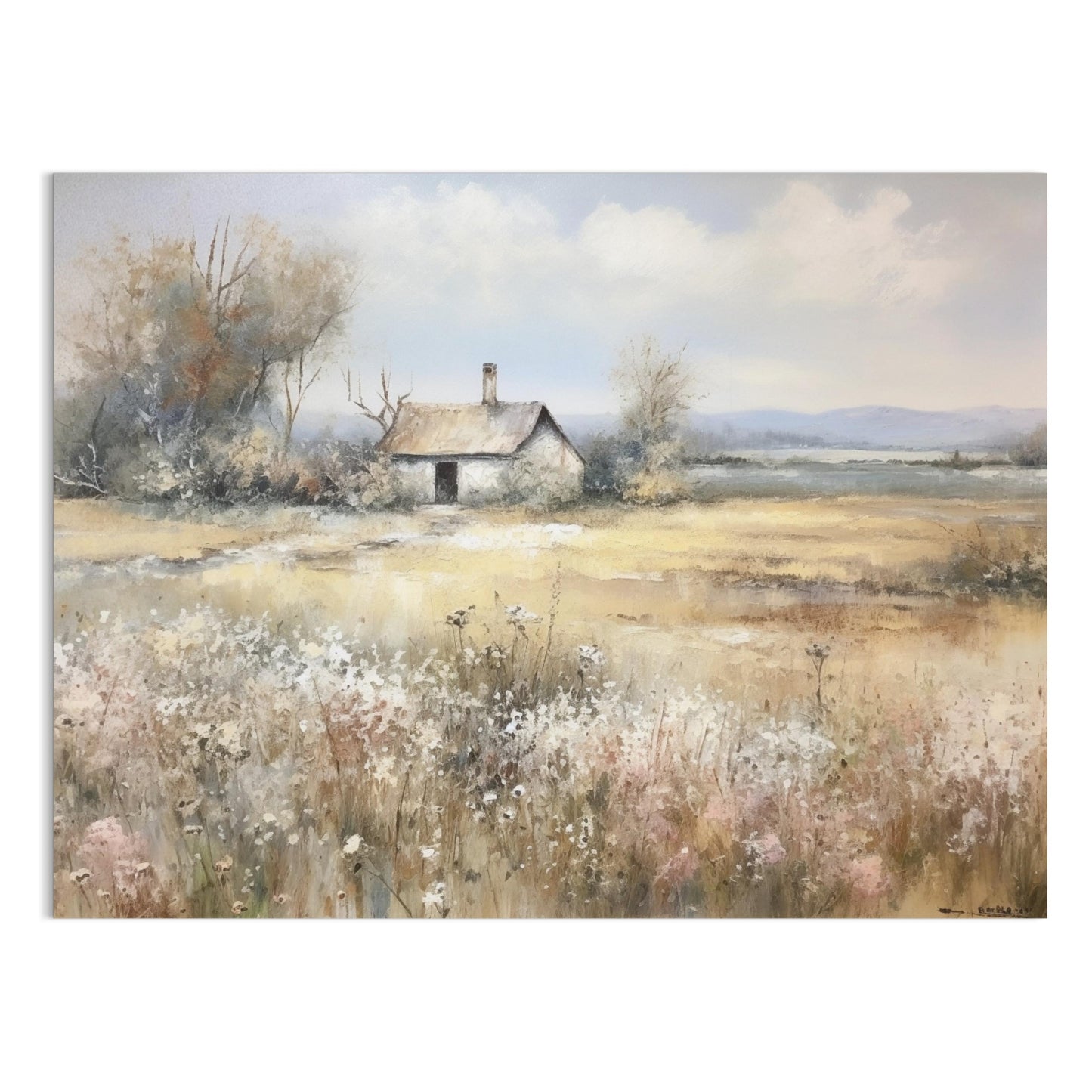 Premium Poster of Country Meadow Cottage Landscape Art Print Posters
