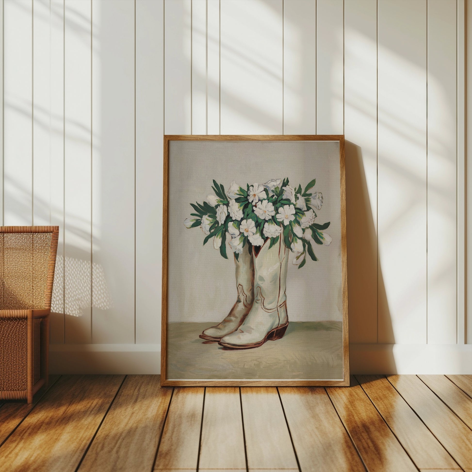 Premium Poster of Cowboy Boots Filled with White Flowers Posters