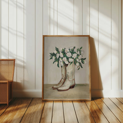 Premium Poster of Cowboy Boots Filled with White Flowers Posters