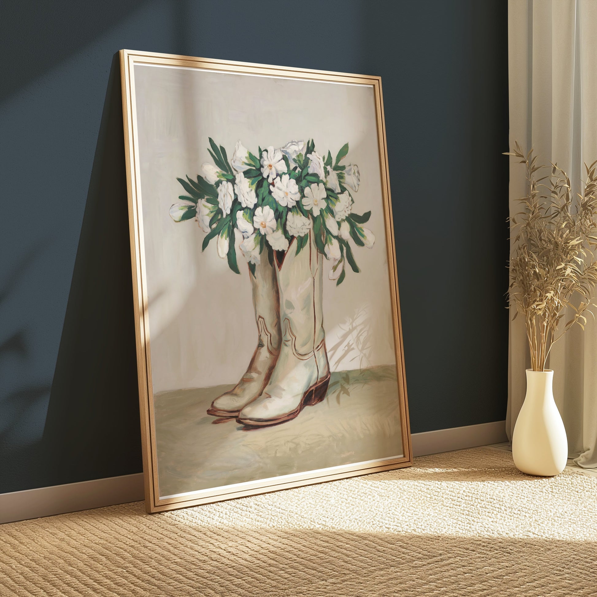 Premium Poster of Cowboy Boots Filled with White Flowers Posters