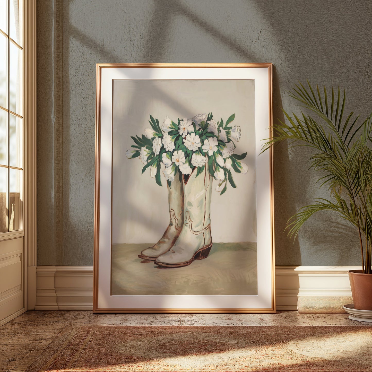 Premium Poster of Cowboy Boots Filled with White Flowers Posters