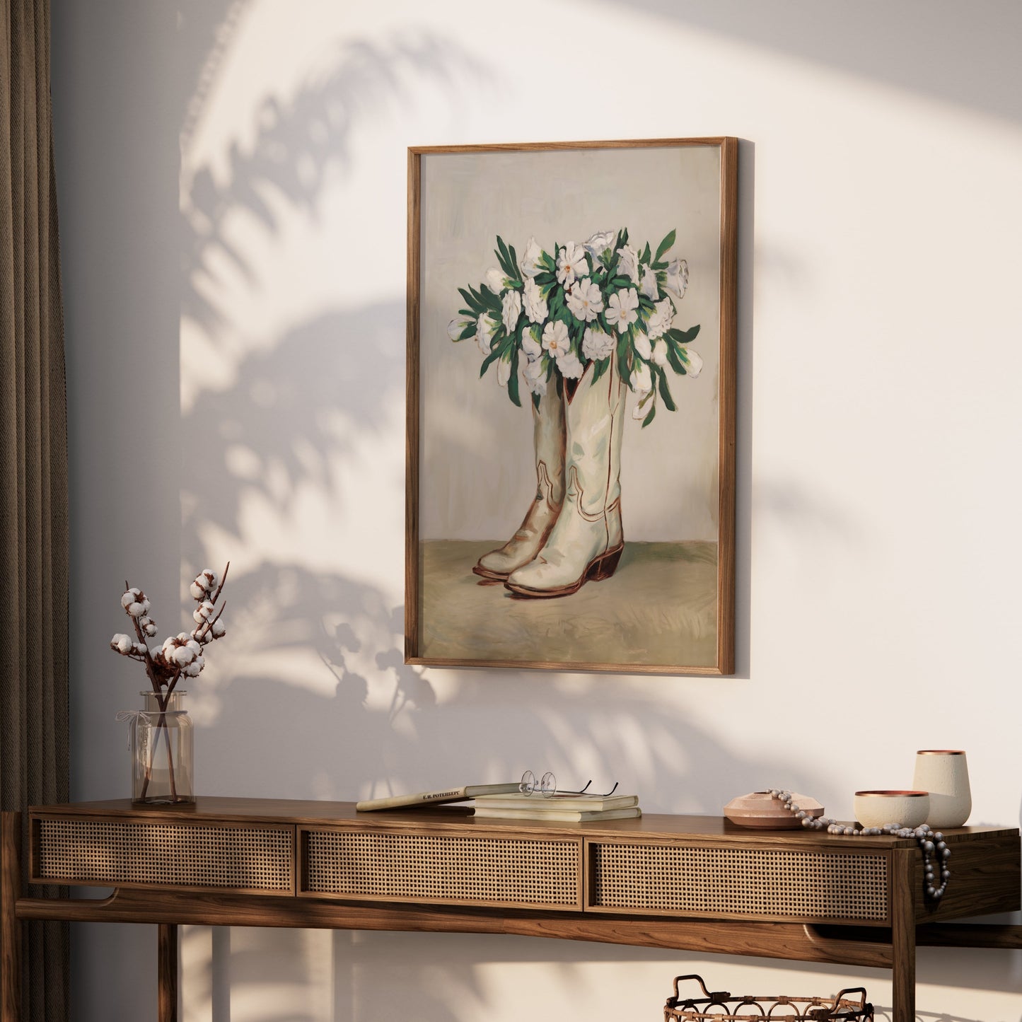 Premium Poster of Cowboy Boots Filled with White Flowers Posters