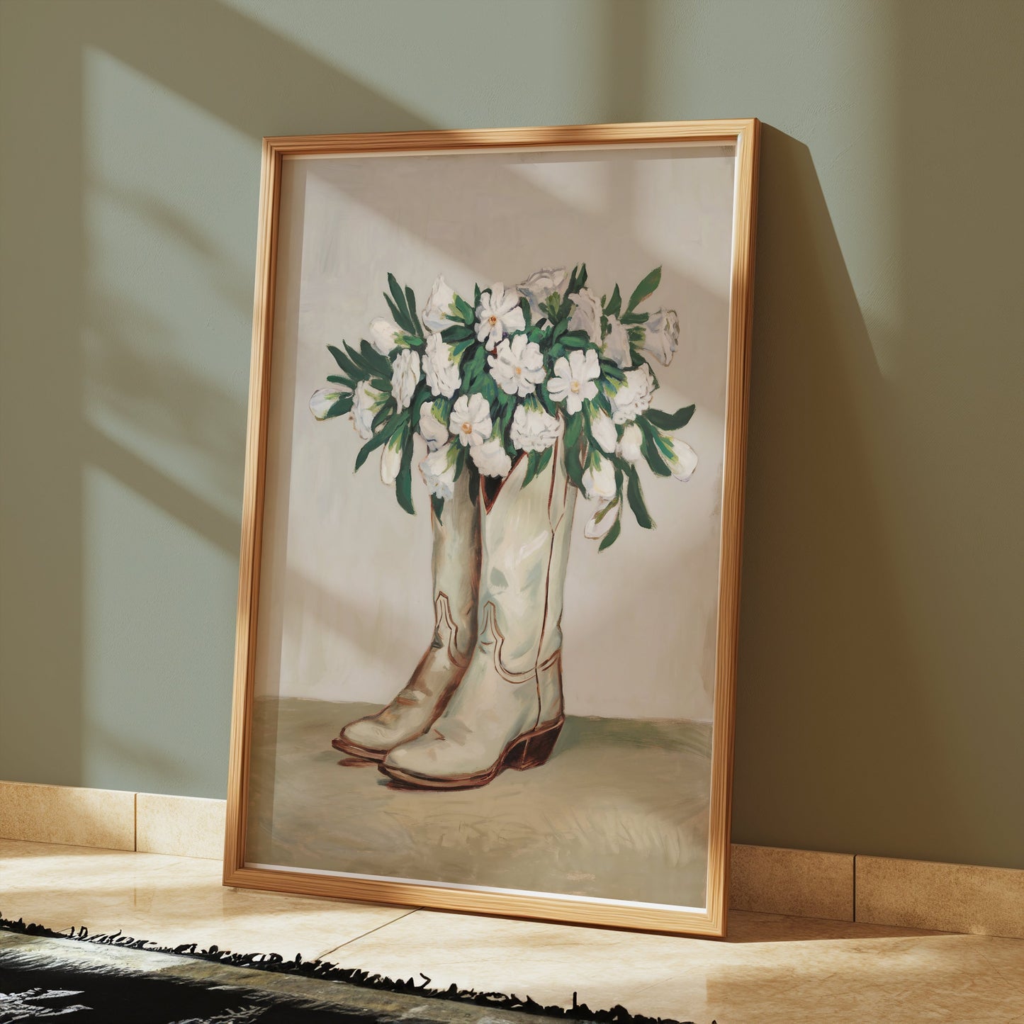 Premium Poster of Cowboy Boots Filled with White Flowers Posters