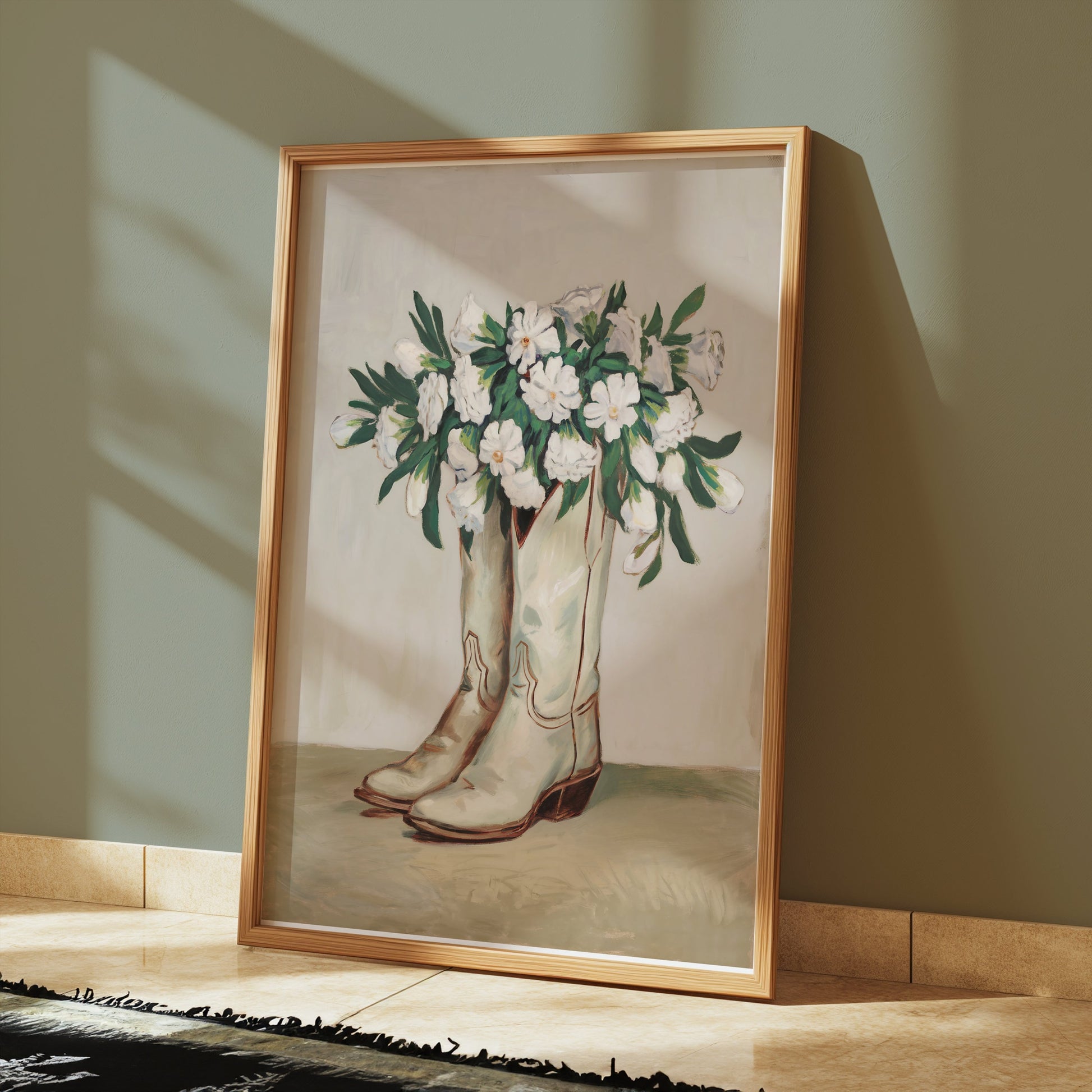 Premium Poster of Cowboy Boots Filled with White Flowers Posters