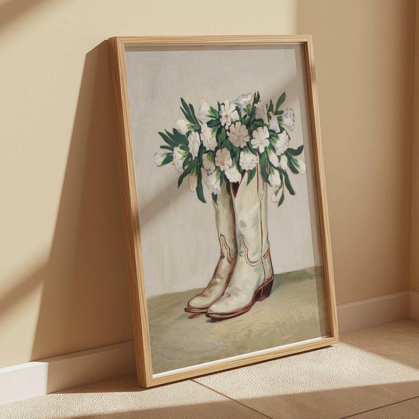 Premium Poster of Cowboy Boots Filled with White Flowers Posters
