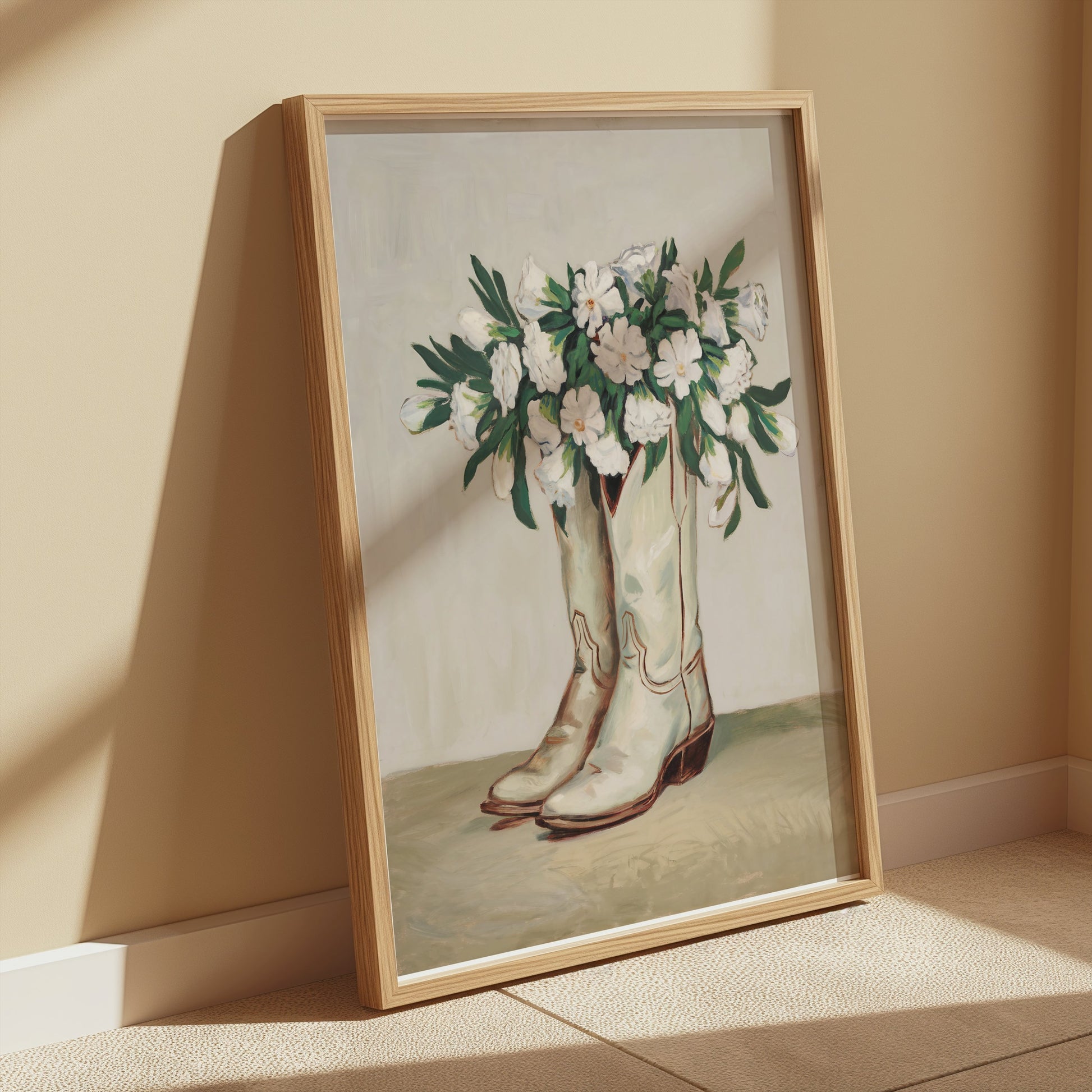 Premium Poster of Cowboy Boots Filled with White Flowers Posters