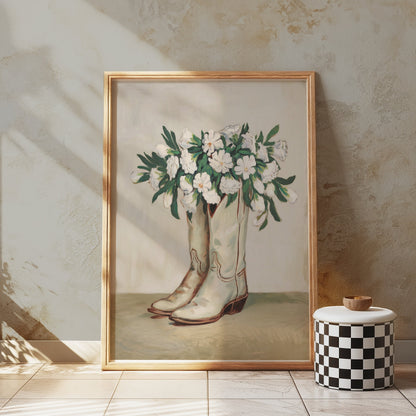 Premium Poster of Cowboy Boots Filled with White Flowers Posters