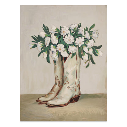 Premium Poster of Cowboy Boots Filled with White Flowers Posters