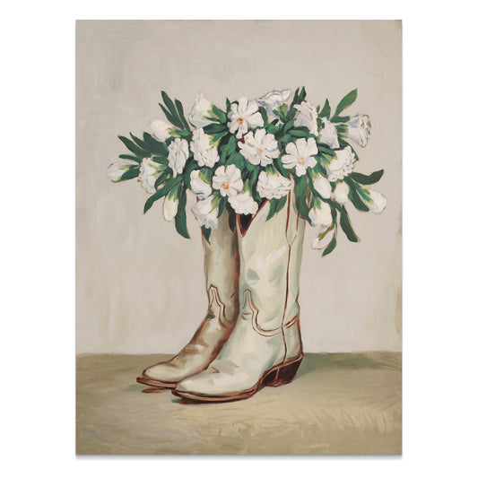 Premium Poster of Cowboy Boots Filled with White Flowers Posters