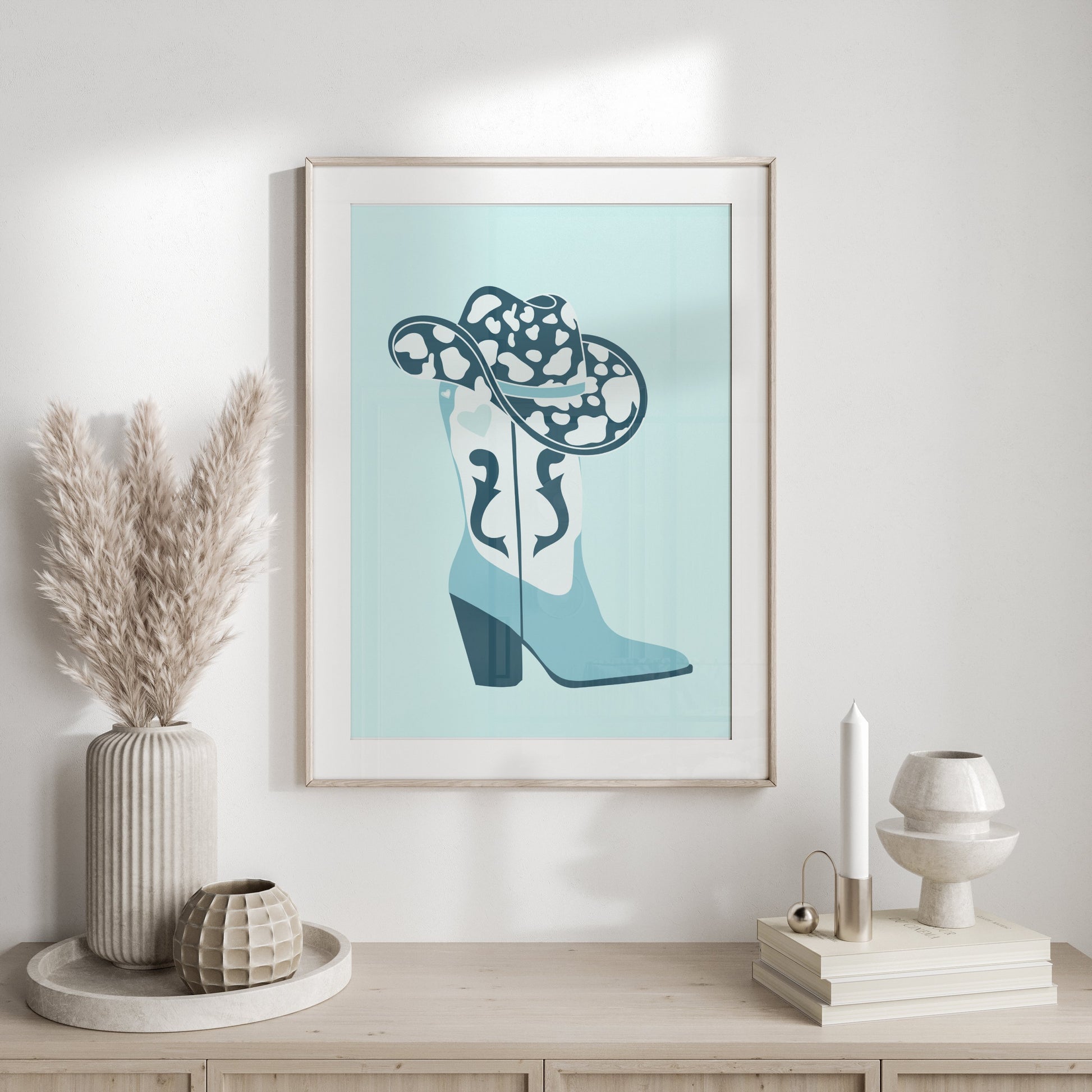 Premium Poster of Cowboy Hat and Boot Blue Decor Posters