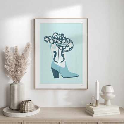 Premium Poster of Cowboy Hat and Boot Blue Decor Posters