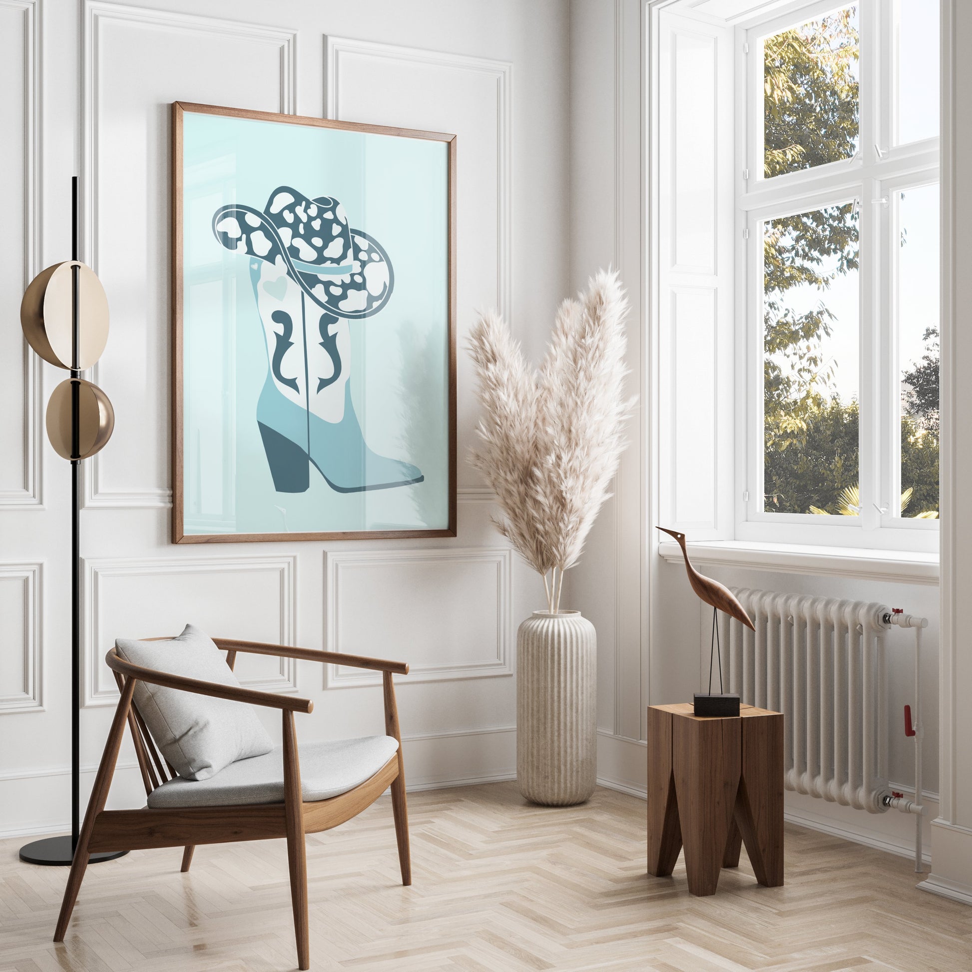 Premium Poster of Cowboy Hat and Boot Blue Decor Posters