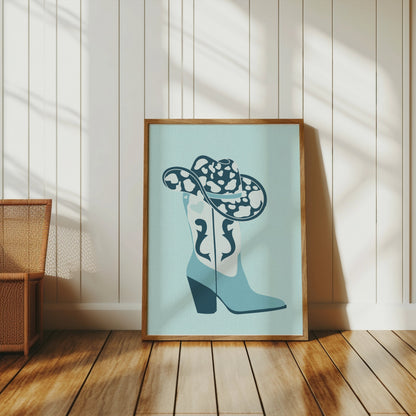 Premium Poster of Cowboy Hat and Boot Blue Decor Posters