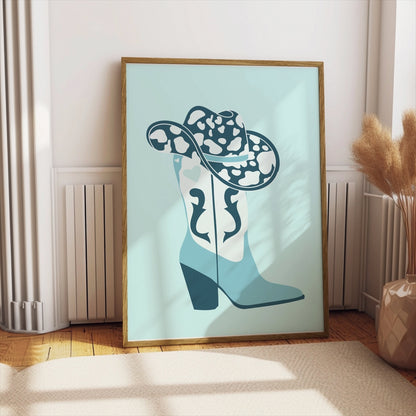 Premium Poster of Cowboy Hat and Boot Blue Decor Posters