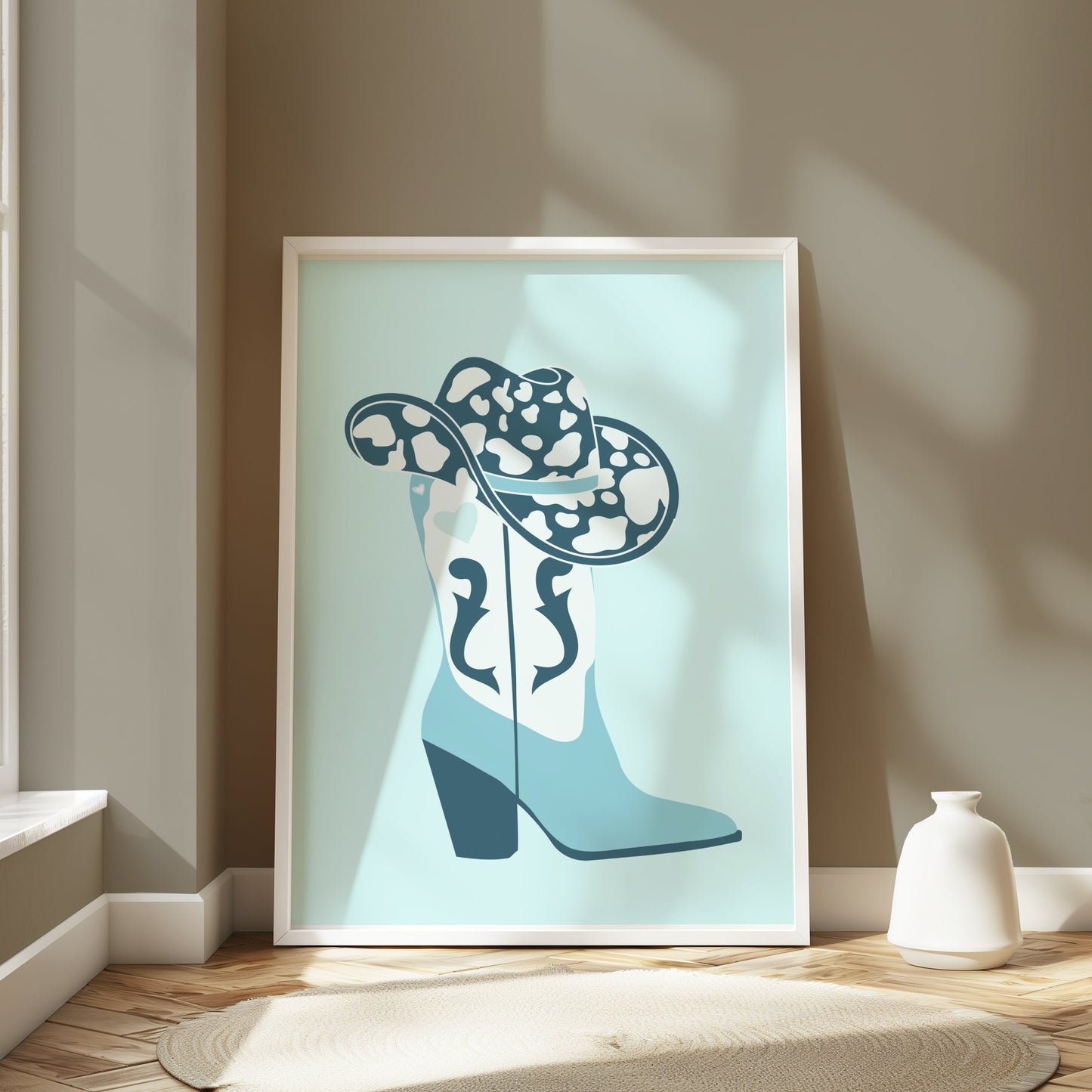 Premium Poster of Cowboy Hat and Boot Blue Decor Posters