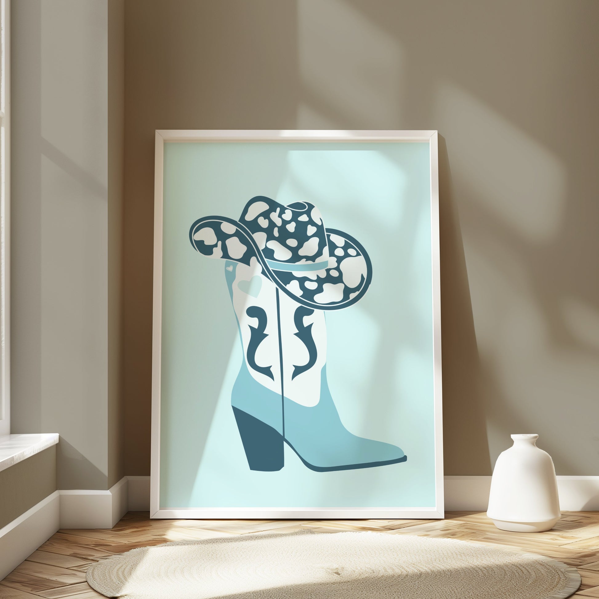 Premium Poster of Cowboy Hat and Boot Blue Decor Posters