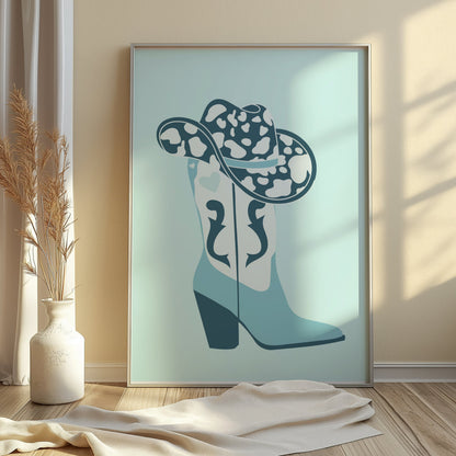 Premium Poster of Cowboy Hat and Boot Blue Decor Posters