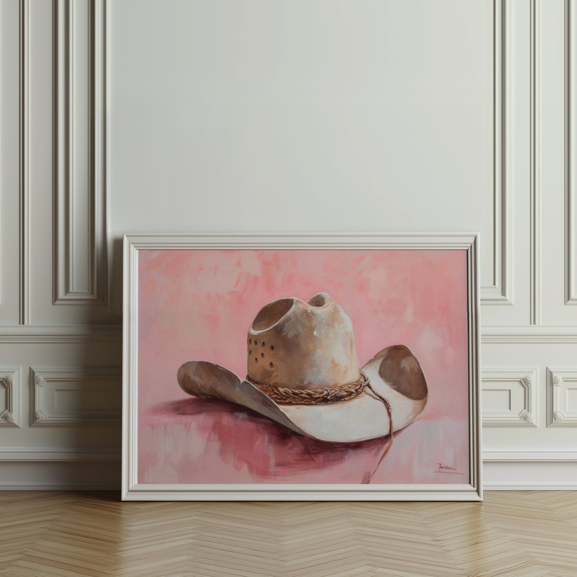 Premium Poster of Cowboy Hat on Pastel Pink Background Posters