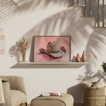 Premium Poster of Cowboy Hat on Pastel Pink Background Posters