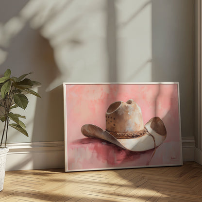 Premium Poster of Cowboy Hat on Pastel Pink Background Posters