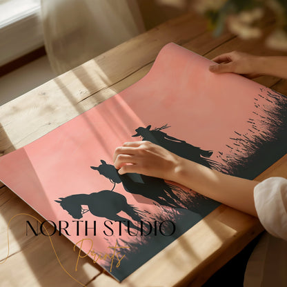 Premium Poster of Cowboy Silhouette with Horses on Field Art Print Posters