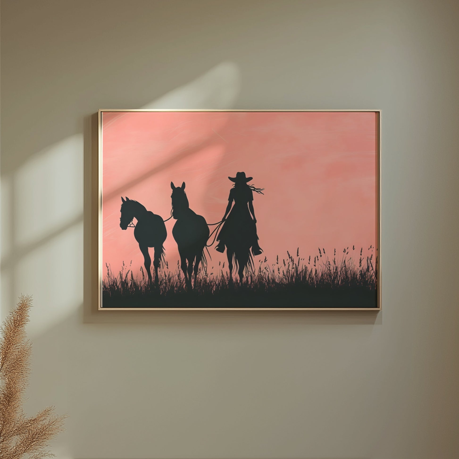 Premium Poster of Cowboy Silhouette with Horses on Field Art Print Posters