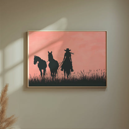 Premium Poster of Cowboy Silhouette with Horses on Field Art Print Posters