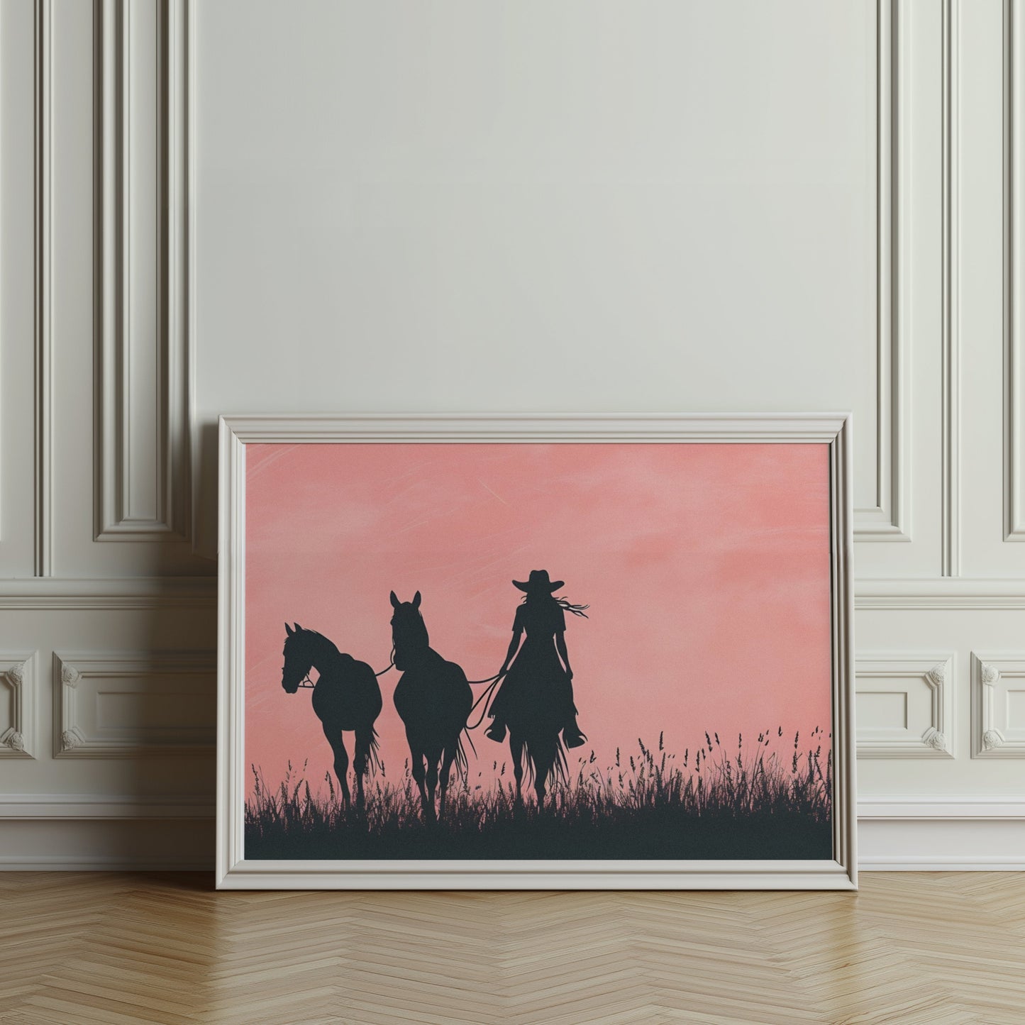 Premium Poster of Cowboy Silhouette with Horses on Field Art Print Posters